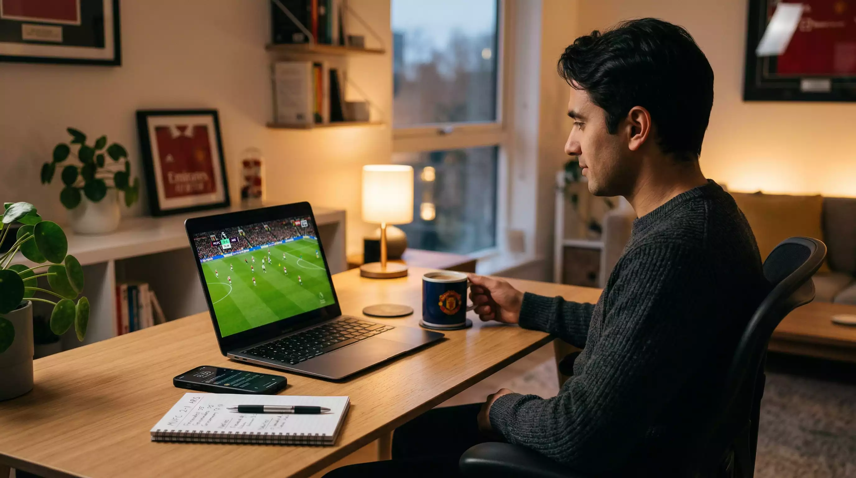 Persoon achter laptop die sportweddenschappen bekijkt met een voetbalwedstrijd op het scherm