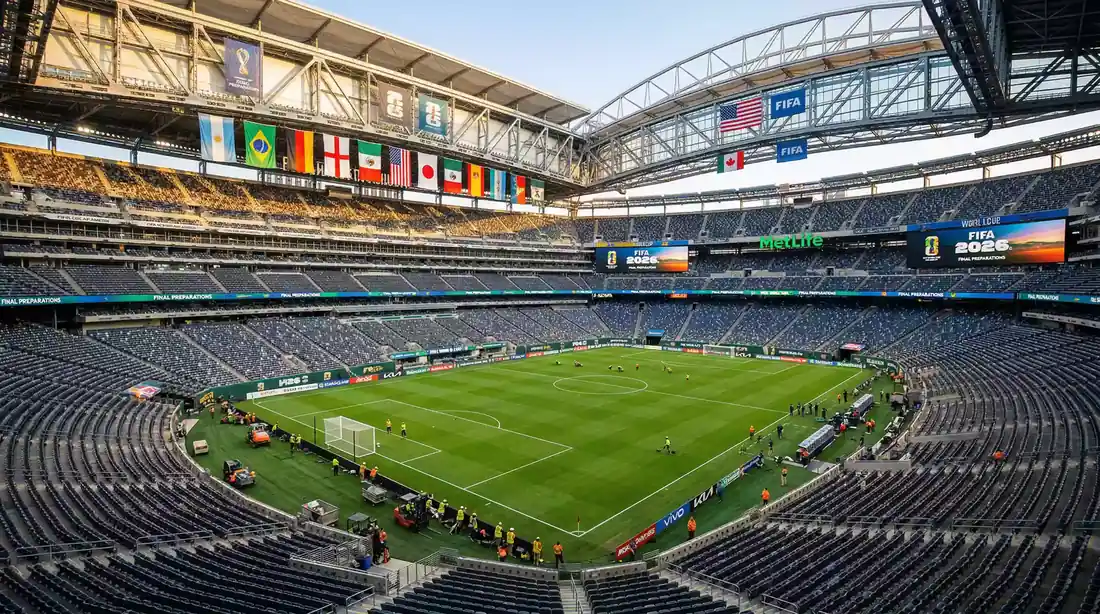 Modern Amerikaans voetbalstadion aangepast voor het WK 2026 met internationale vlaggen