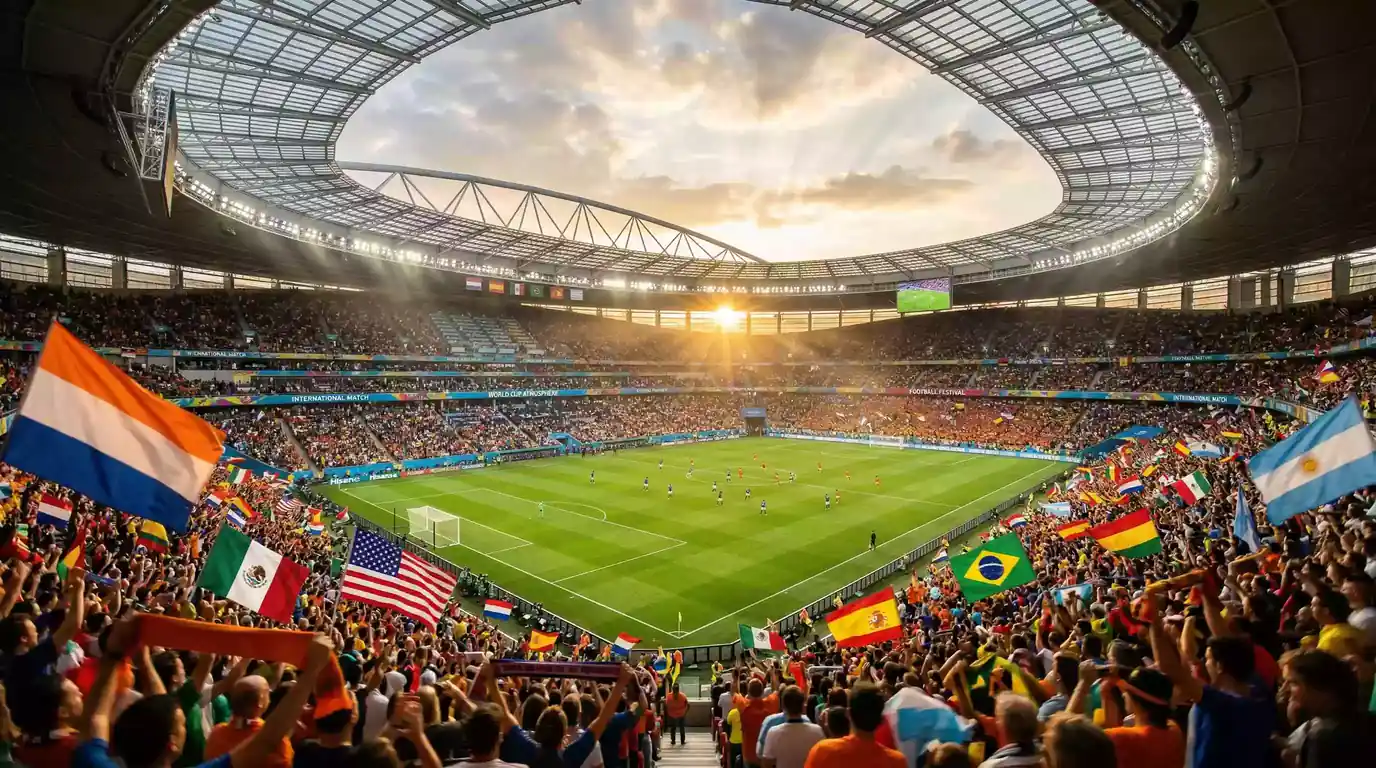 Voetbalstadion vol enthousiaste fans tijdens een WK-wedstrijd met vlaggen van verschillende landen