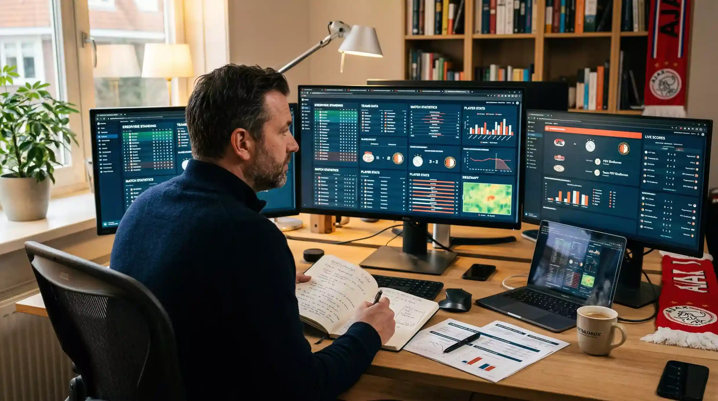 Professionele aanpak voor sportweddenschappen met notitieboek en analyses op tafel